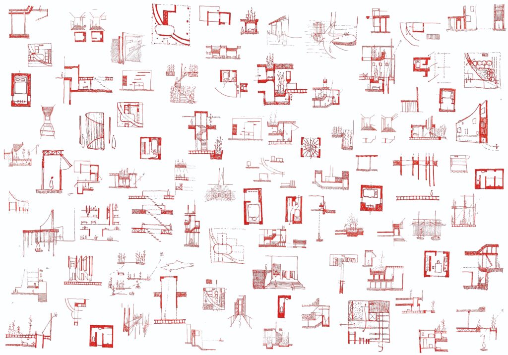 赤い線で描かれた無数の建築スケッチ。設計で積み重ねられる検討の集積を表したドローイング