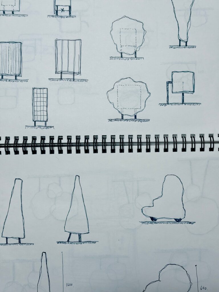 ペンで描かれた建築のスケッチ。閉じ切らない曲線で場を構想する素振りのドローイング